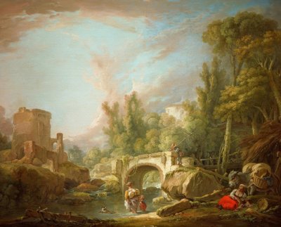 Flusslandschaft mit Ruine und Brücke von François Boucher